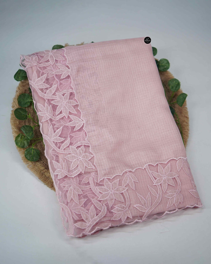 Baby Pink Silky Kota Saree with Floral Net Appliqué Work