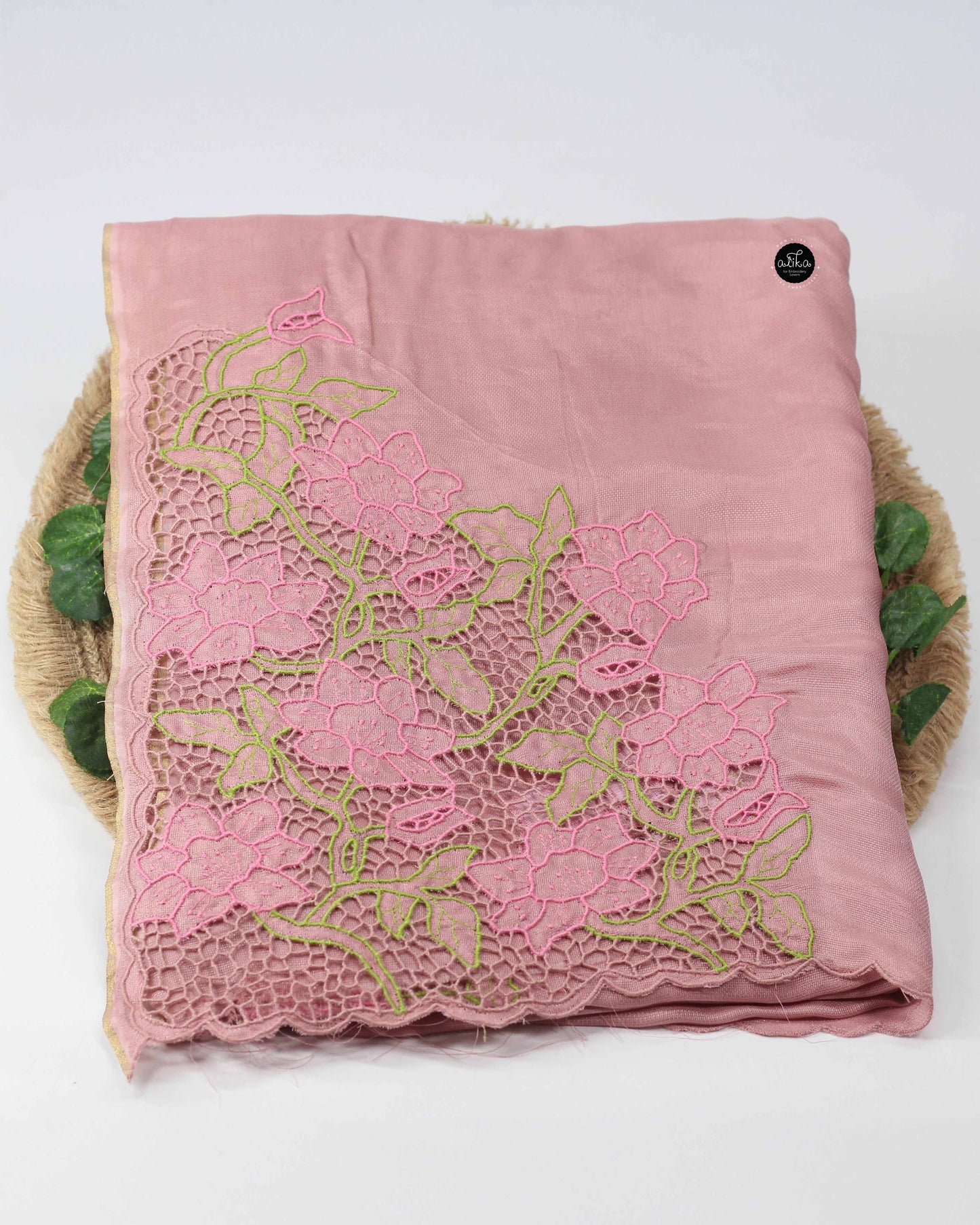 Rose Gold Crispy Georgette Saree with Pink Floral Cutwork