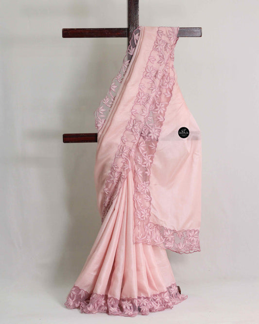 Baby Pink Silky Kota Saree with Floral Net Applique Border – Festive Elegance