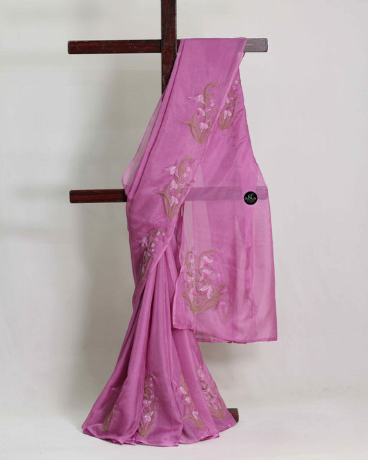 Purple Pink Organza Saree with Floral Shadow Embroidery – Elegant Party Wear