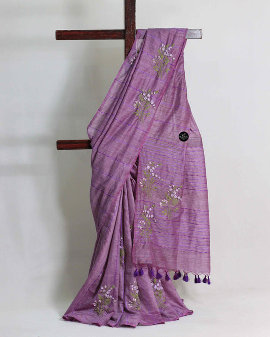 Purple Semi Linen Saree with Floral Hand Embroidery – Elegant Festive Wear
