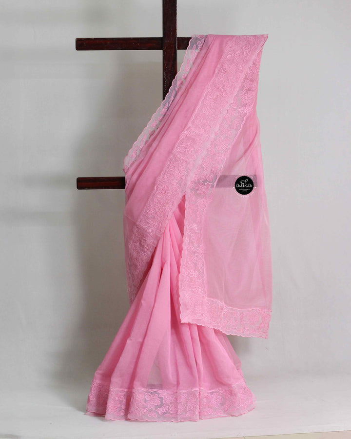 Light Pink Kota Saree with Floral Applique Border