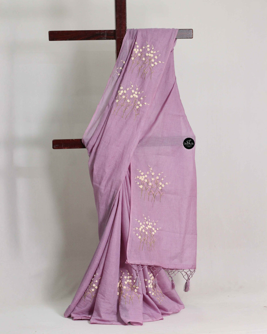 Lilac Chanderi Saree with Floral Hand Embroidery