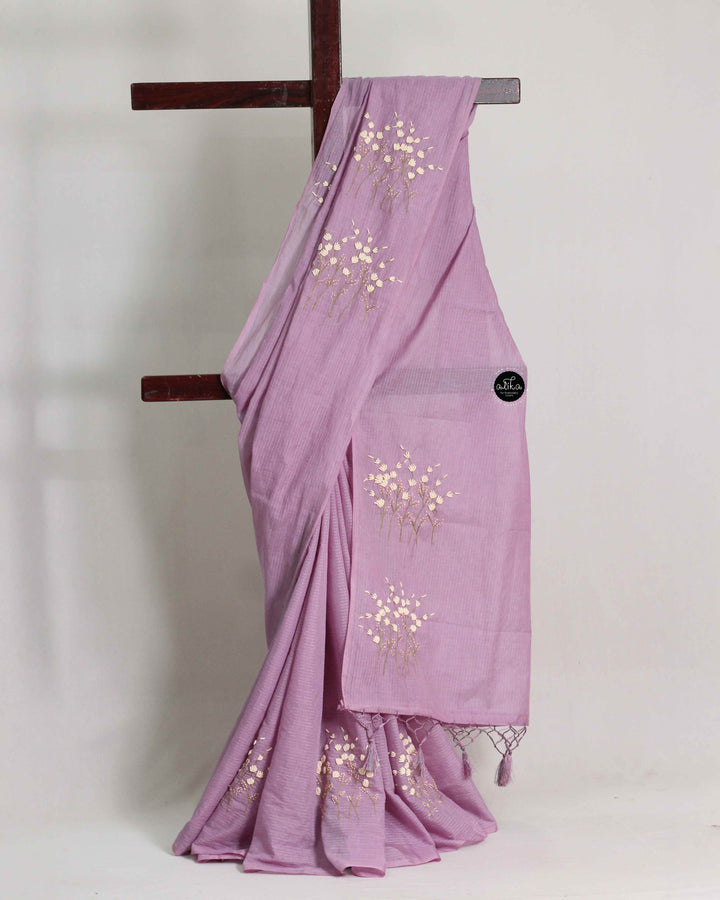 Lilac Chanderi Saree with Floral Hand Embroidery