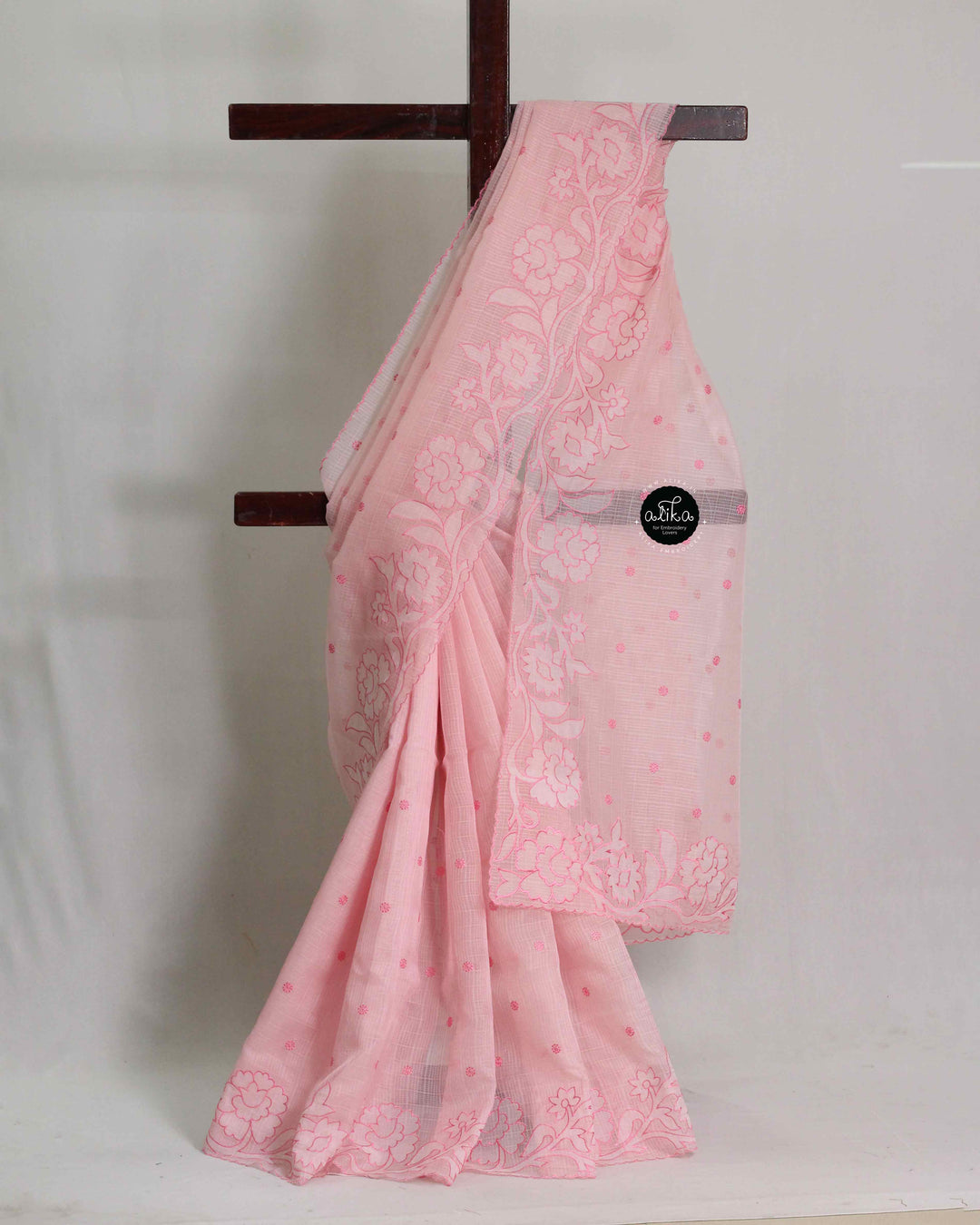 Light Pink Kota Saree with Floral Applique Work