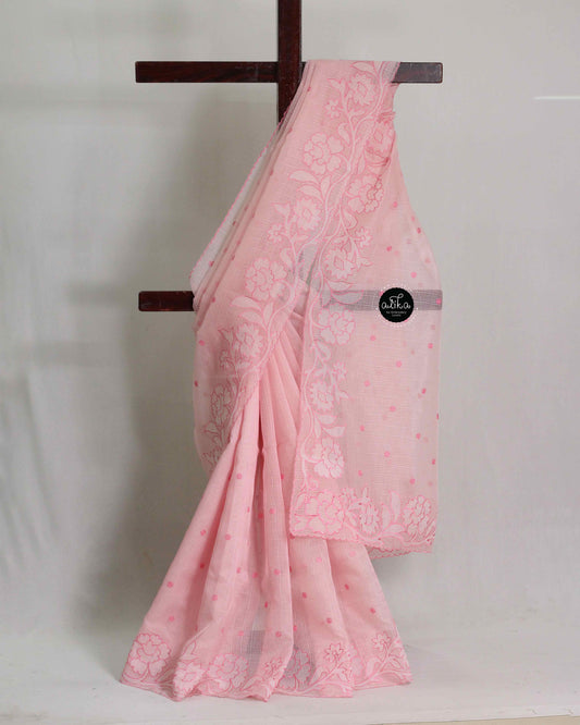 Light Pink Kota Saree with Floral Applique Work – Luxury Designer Wear