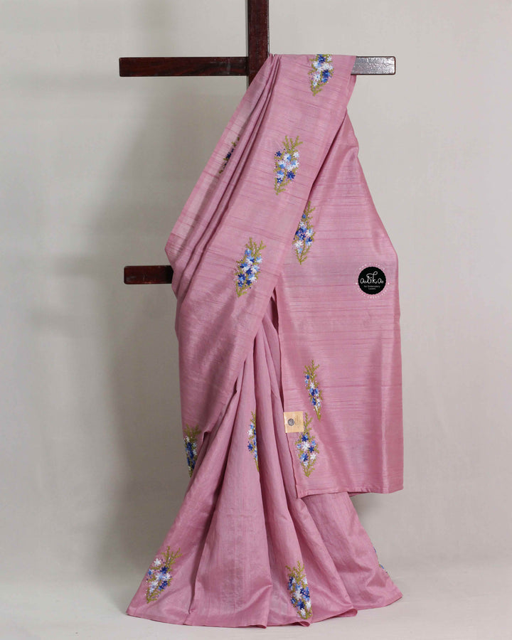 Orchid Pink Semi Silk Saree with Floral Hand Embroidery