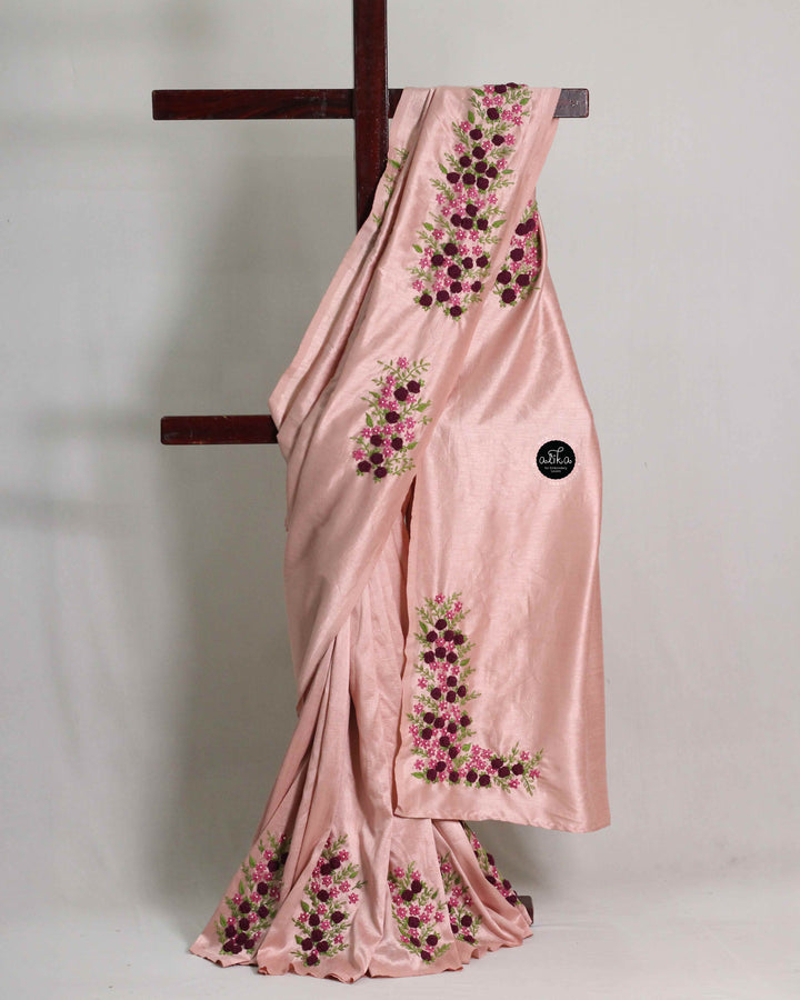 Dusty Rose Semi Soft Silk Saree with Floral Hand Embroidery