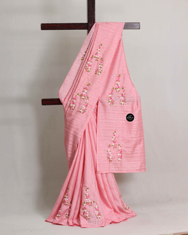 Light Pink Semi Silk Saree with Floral Hand Embroidery