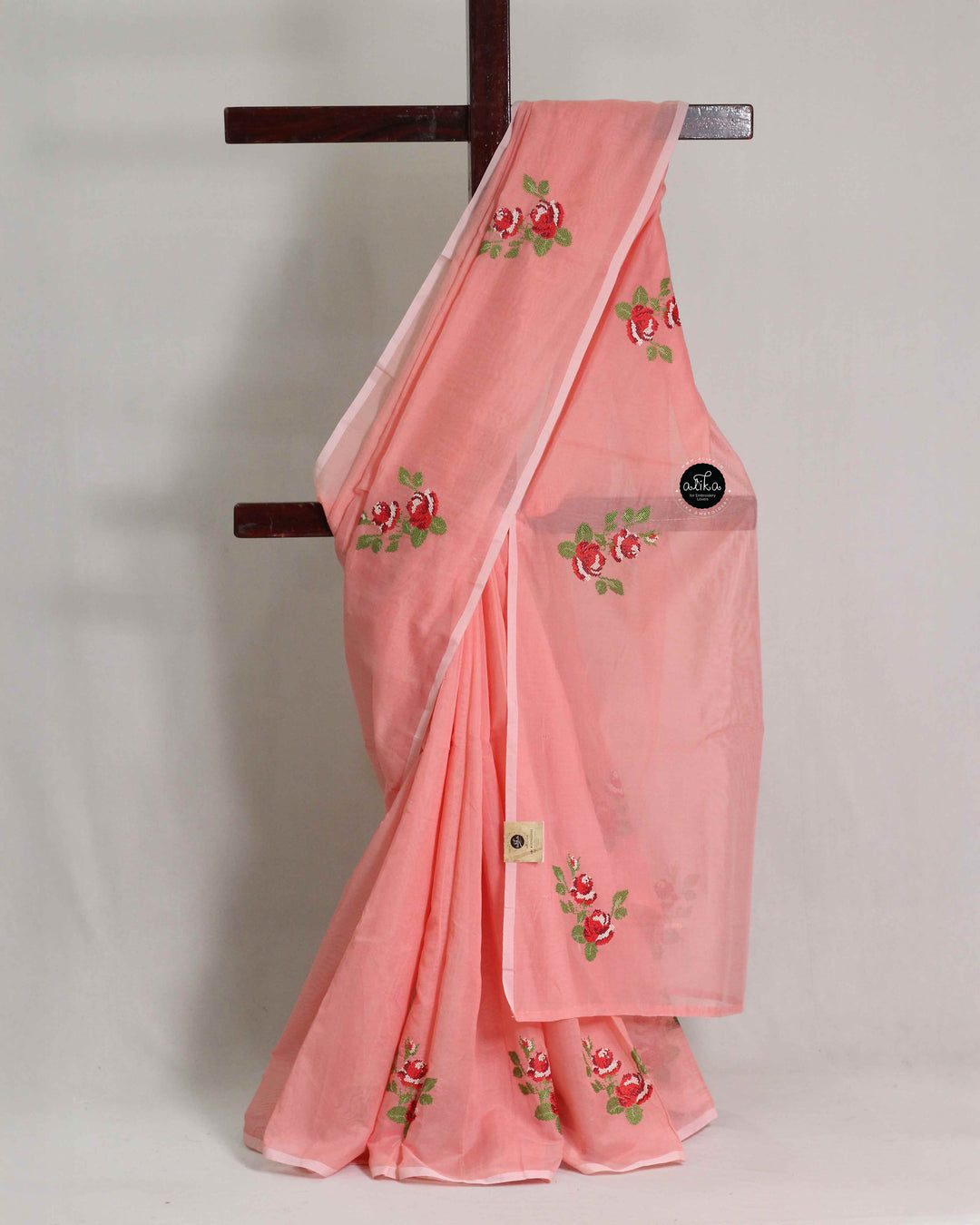 Peach Chanderi Saree with Floral Cross Stitch Embroidery