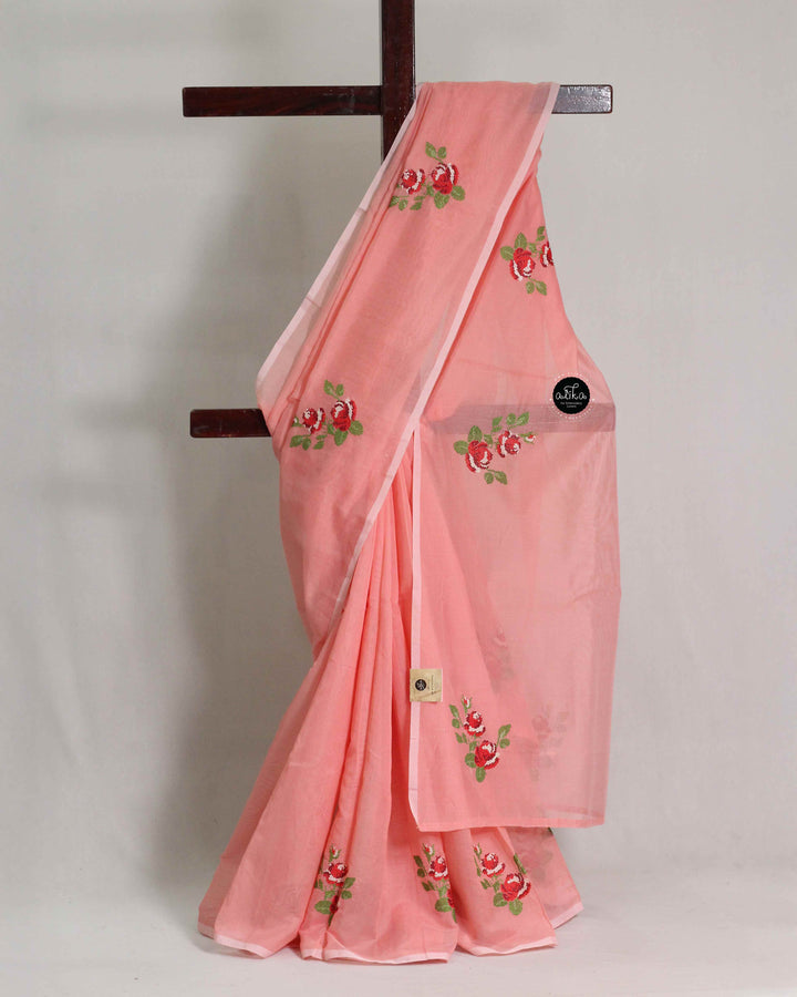 Peach Chanderi Saree with Floral Cross Stitch Embroidery