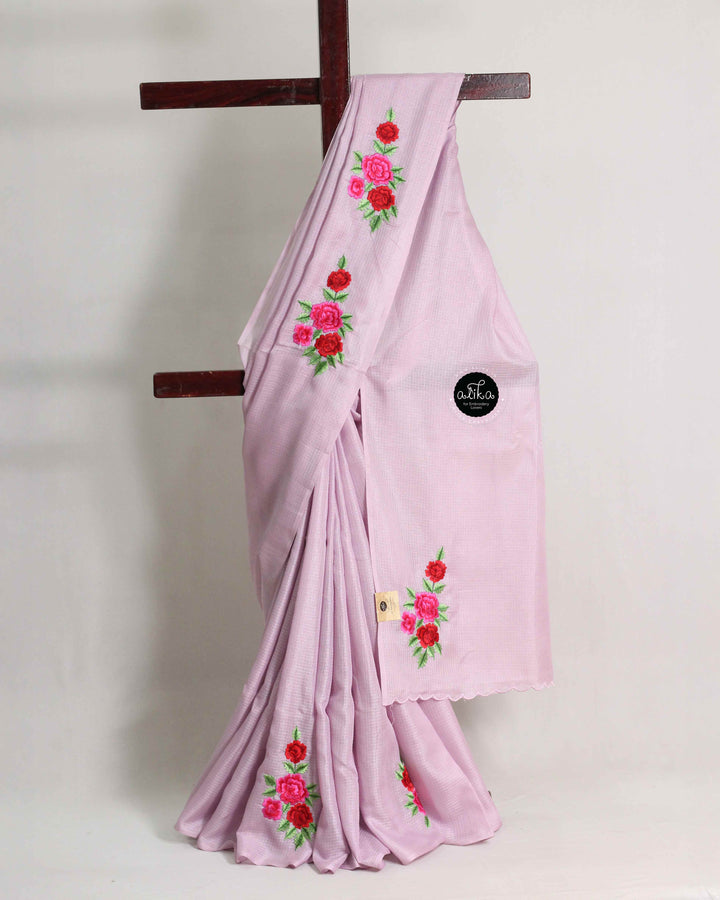 Lavender Silky Kota Saree with Floral Machine Embroidery