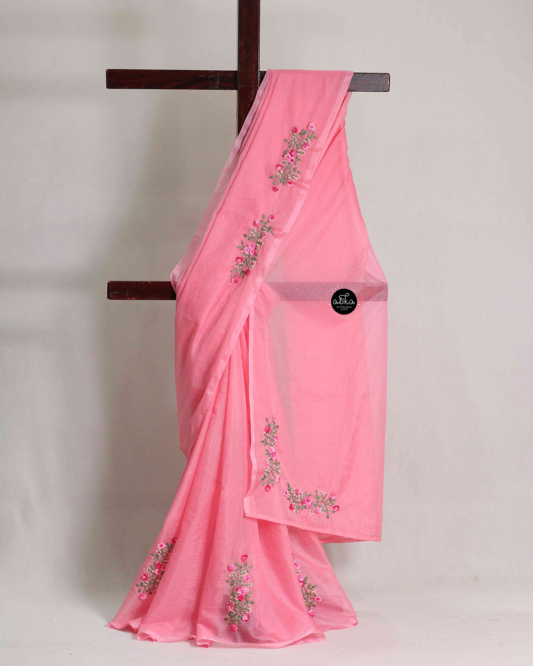 Light Pink Silky Kota Saree with Floral Hand Embroidery