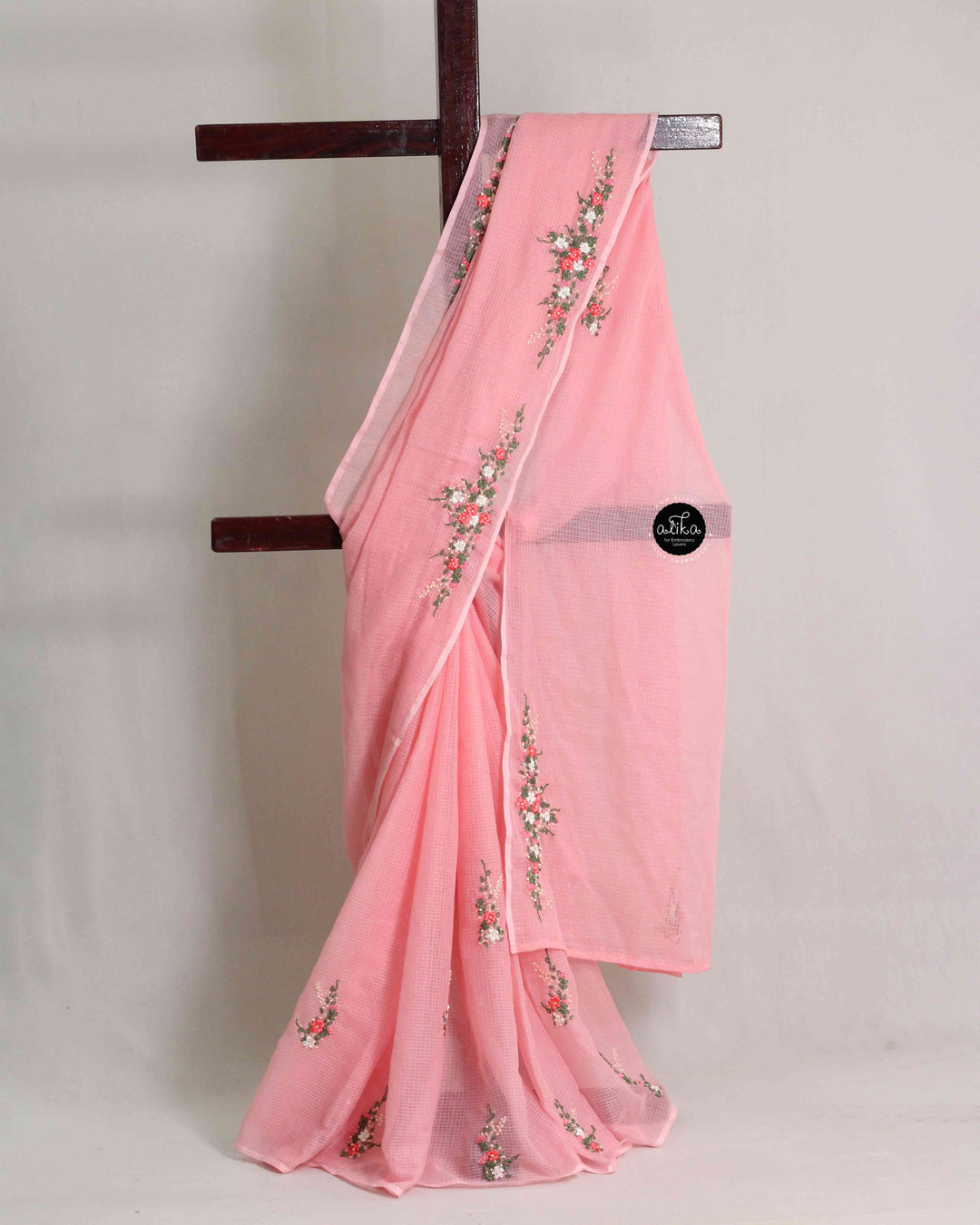 Peach Pink Cotton Kota Saree with Floral Ribbon Embroidery