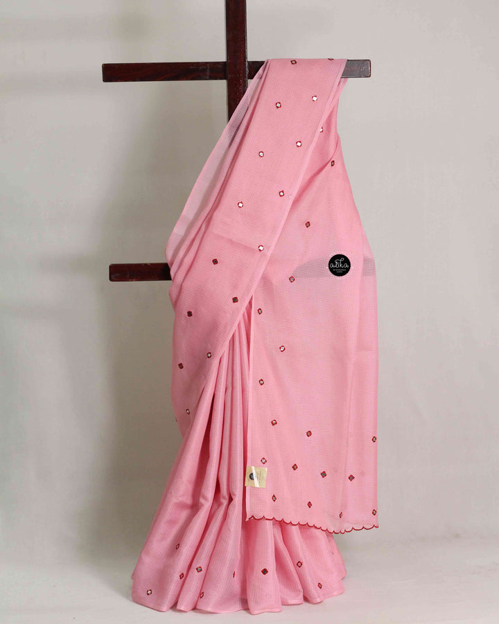 Light Pink Silky Kota Saree with Mirror Work – Graceful Festive Wear