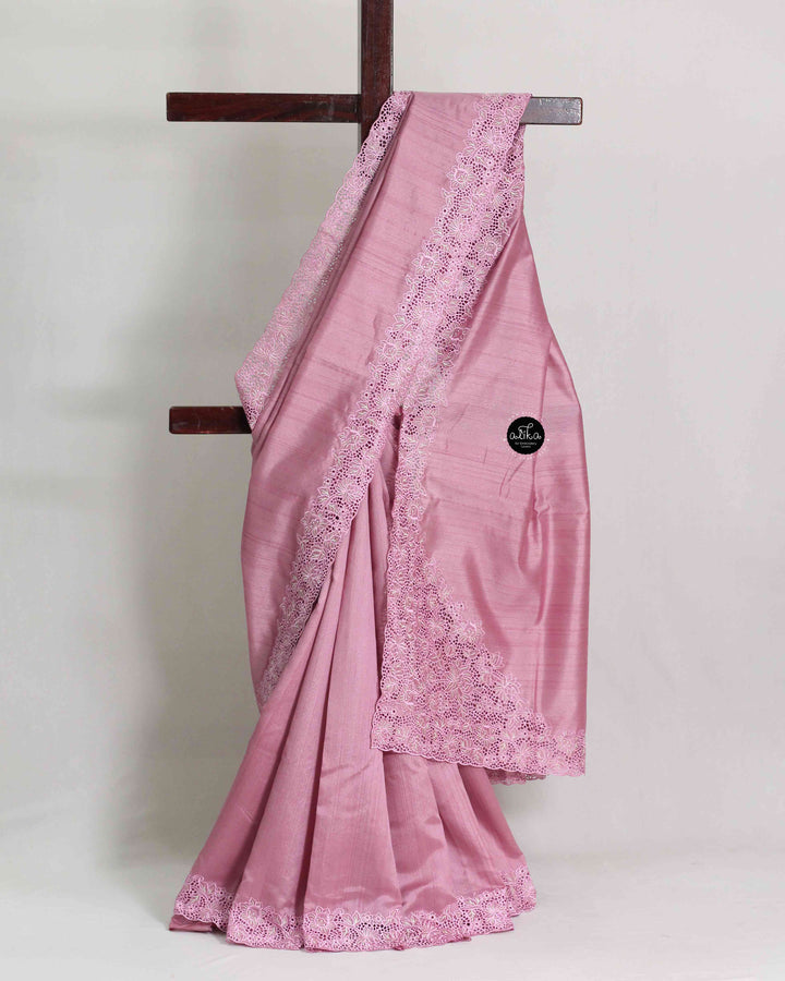 Onion Pink Semi Silk Saree with Floral Cutwork Border
