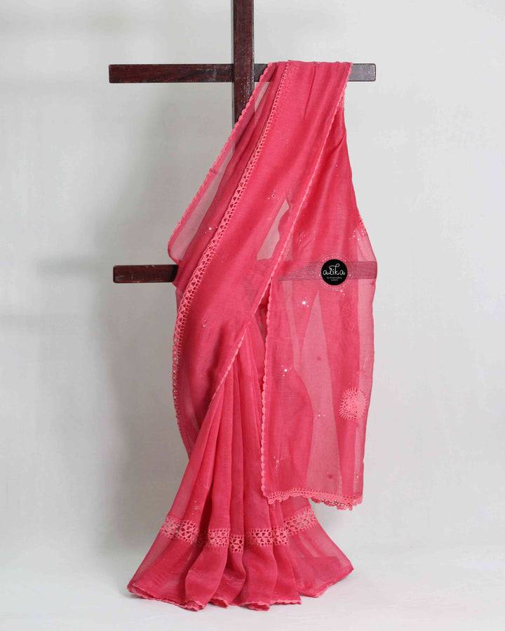 Peach Kota Doria Saree with Crochet Detailing and Mirror Work