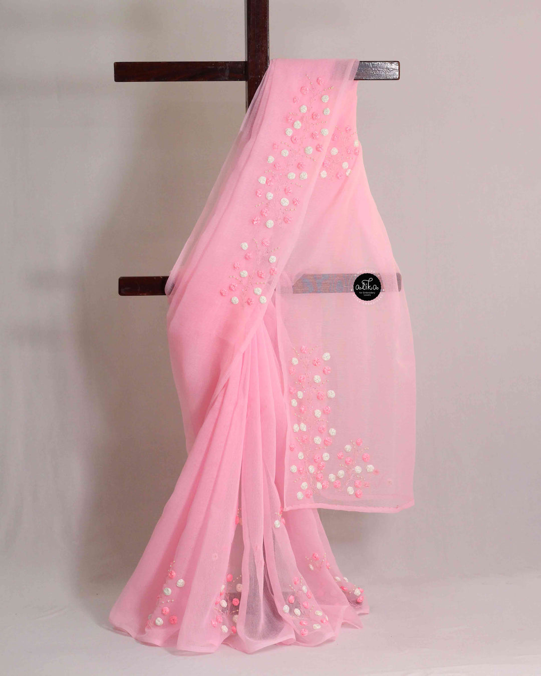 Baby Pink Kota Saree with Floral Ribbon Work