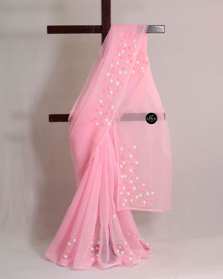 Baby Pink Kota Saree with Floral Ribbon Work