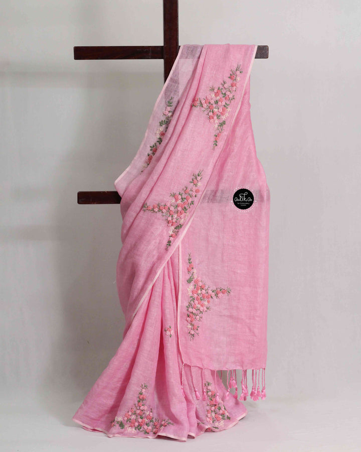 Pastel Pink Pure Linen Saree with Floral Hand Embroidery