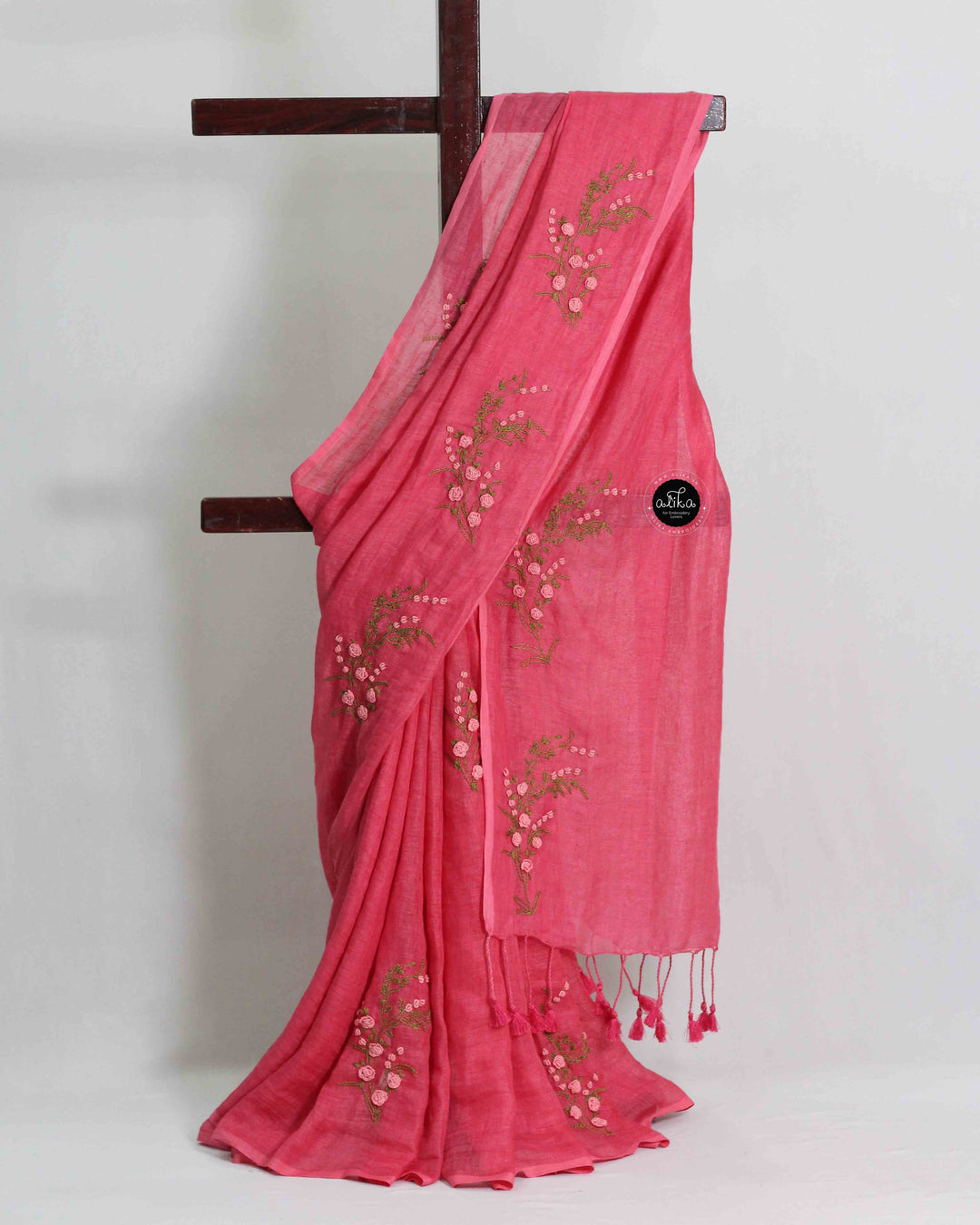 Warm Pink Pure Linen Saree with Floral Hand Embroidery