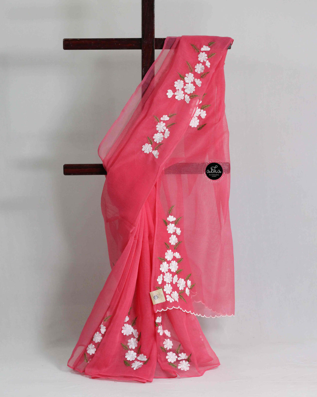 Warm Pink Kota Saree with Floral Machine Embroidery