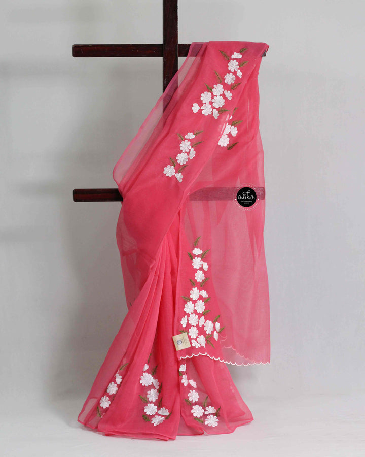 Warm Pink Kota Saree with Floral Machine Embroidery