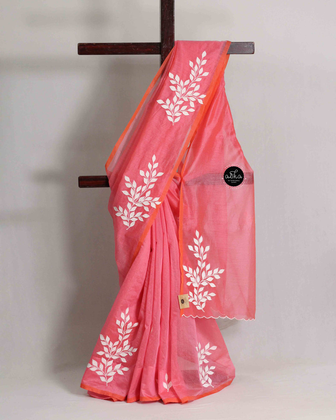 Peach Kota Saree with Floral Appliqué Work