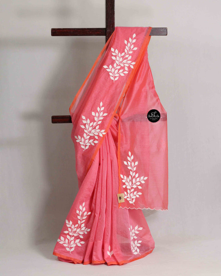 Peach Kota Saree with Floral Appliqué Work