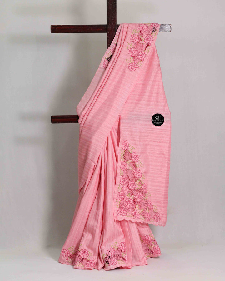 Blush Pink Semi Silk Saree with Floral Cutwork