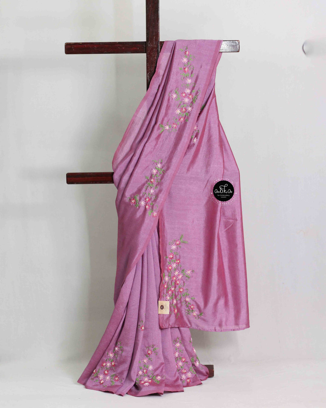 Lavender Pink Semi Silk Saree with Floral Hand Embroidery and Bead Work