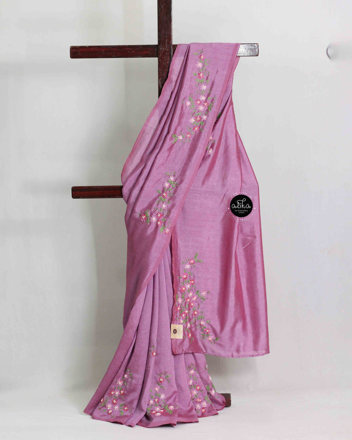 Lavender Pink Semi Silk Saree with Floral Hand Embroidery and Bead Work