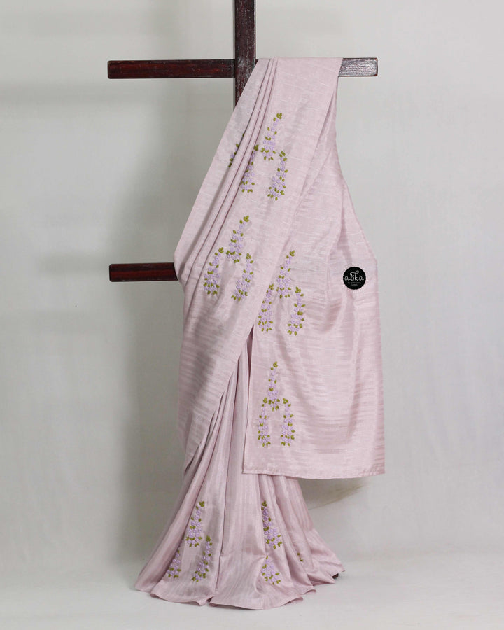 Lavender semi silk saree with floral hand embroidery