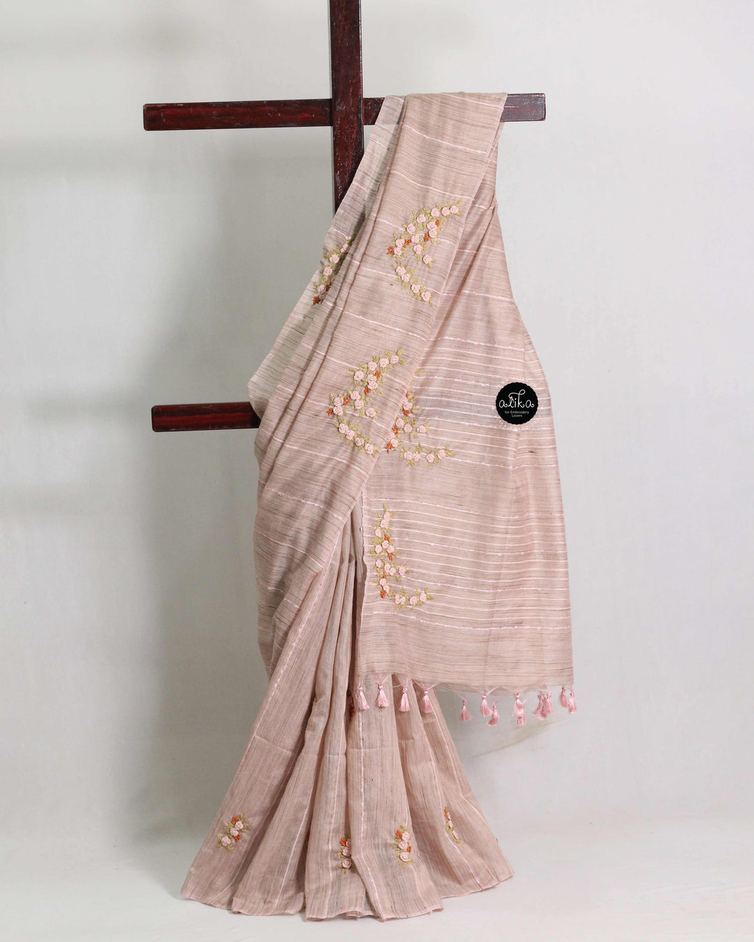 Champagne Pink Semi Linen Saree with Floral Hand Embroidery