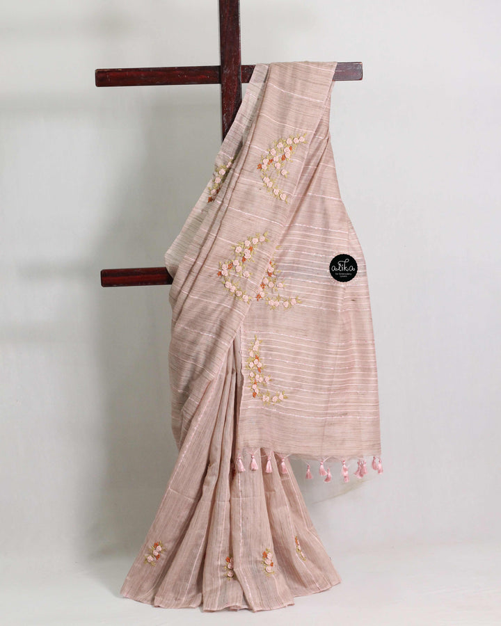 Champagne Pink Semi Linen Saree with Floral Hand Embroidery