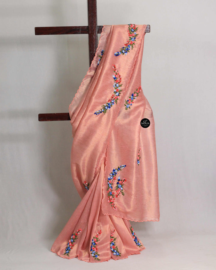 Peach Semi Silk Saree with Floral Hand Embroidery