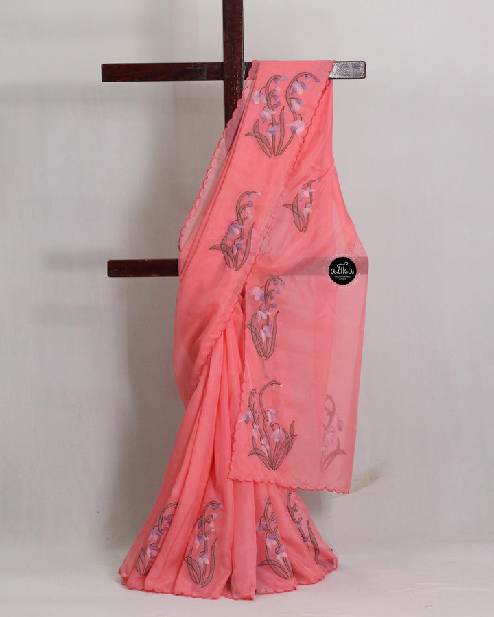 Peach Organza Saree with Floral Hand Embroidery