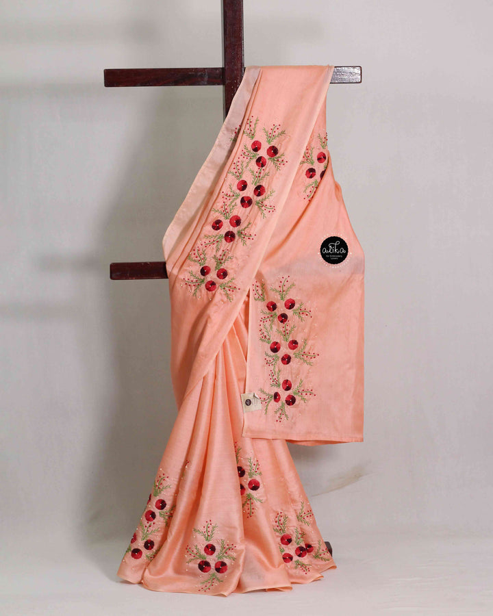 Soft Orange Pure Tussar Silk Saree with Floral Hand Embroidery and Bead Work