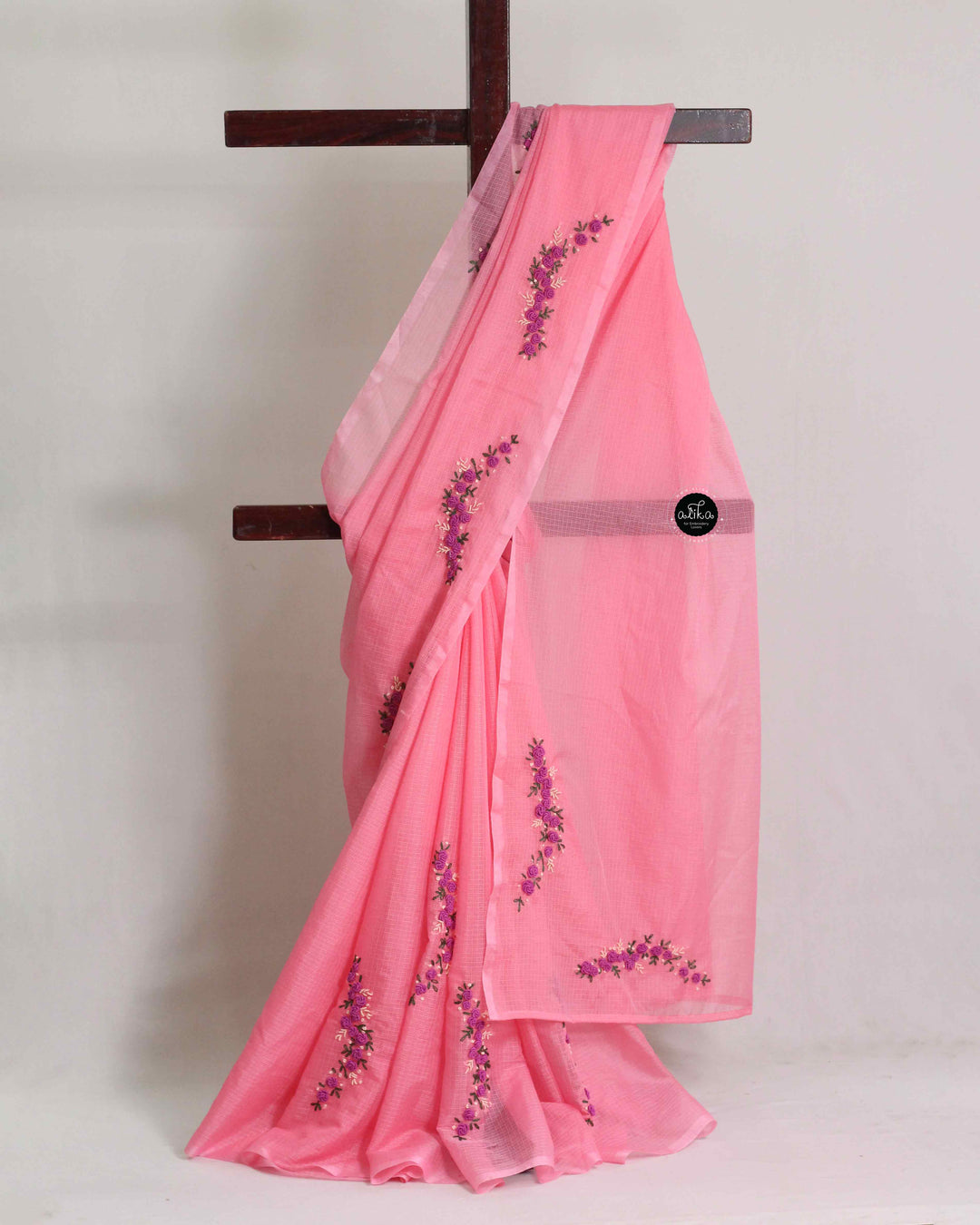 Light Pink Silky Kota Saree with Floral Hand Embroidery