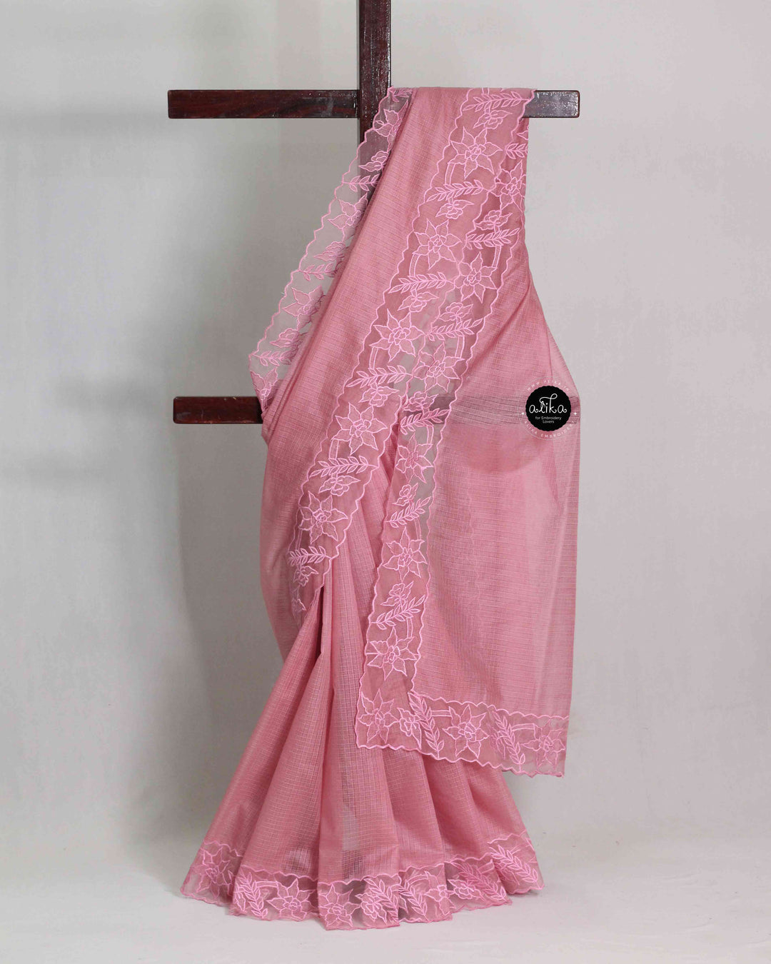 Pale Pink Silky Kota Saree with Floral Appliqué Border