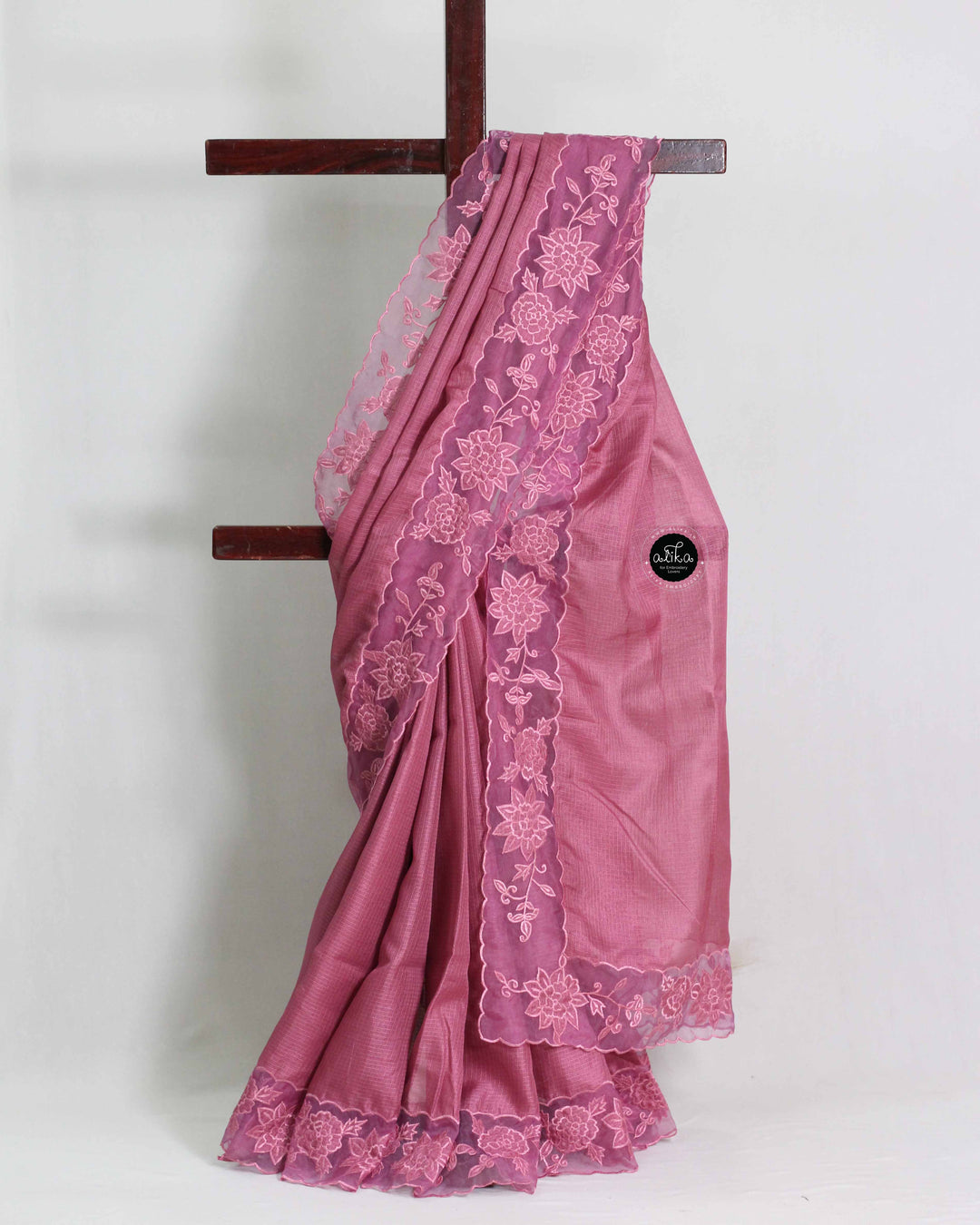 Onion Pink Silky Kota Saree with Floral Hand Embroidery