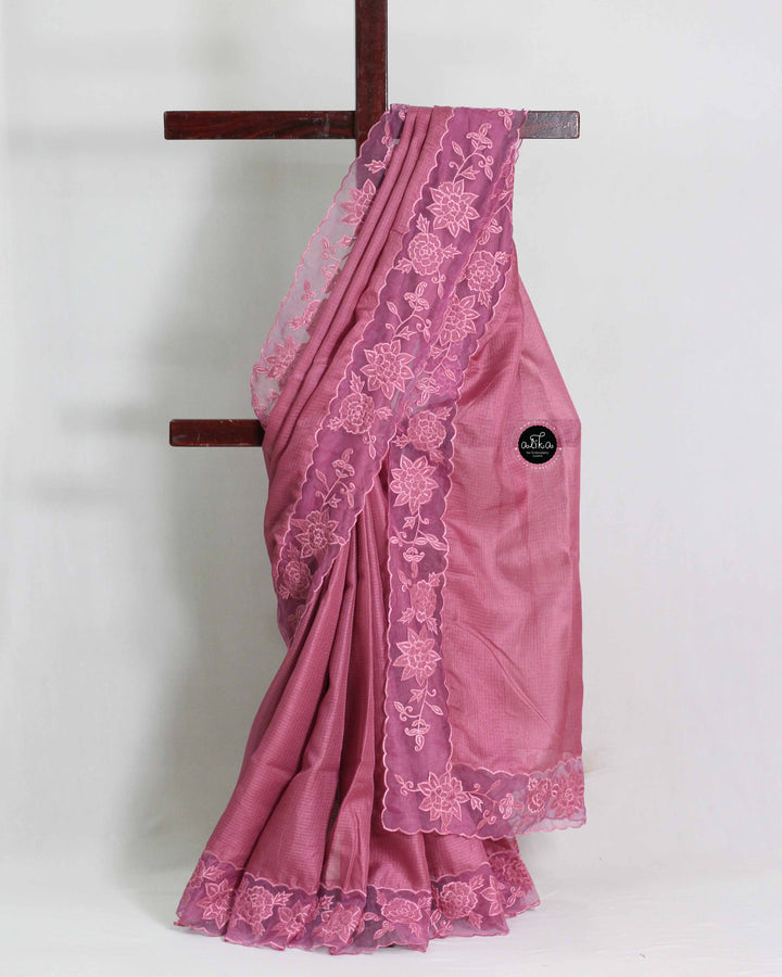 Onion Pink Silky Kota Saree with Floral Hand Embroidery
