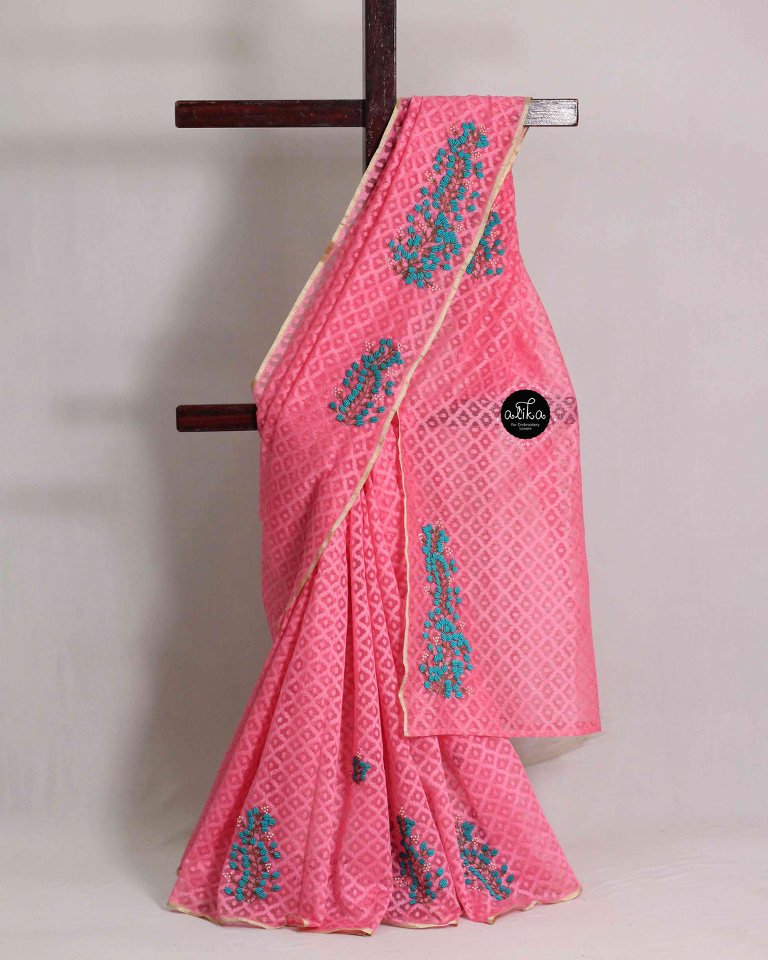 Rose Pink Chanderi Saree with Floral Hand Embroidery