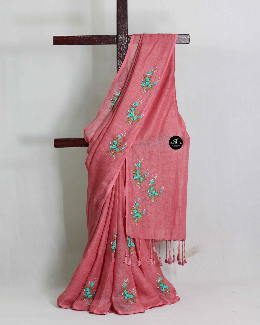 Light Maroon Pure Linen Saree with Floral Hand Embroidery