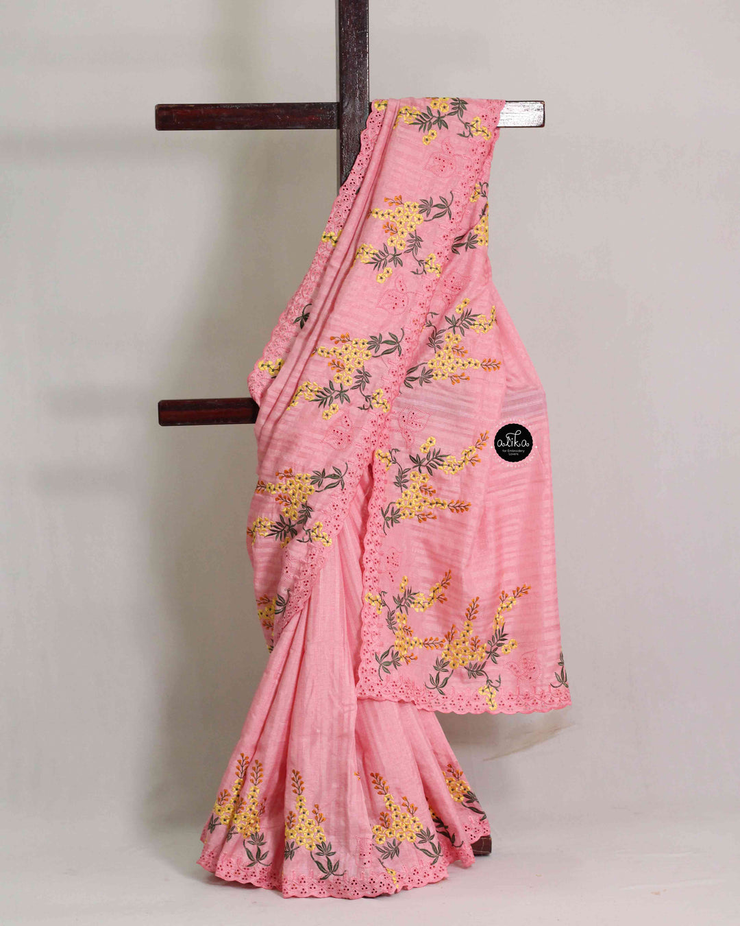 Blush Pink Designer Silk Saree with Floral Machine Embroidery &amp; Cutwork