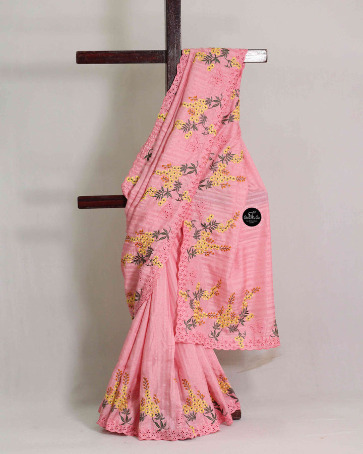 Blush Pink Designer Silk Saree with Floral Machine Embroidery &amp; Cutwork