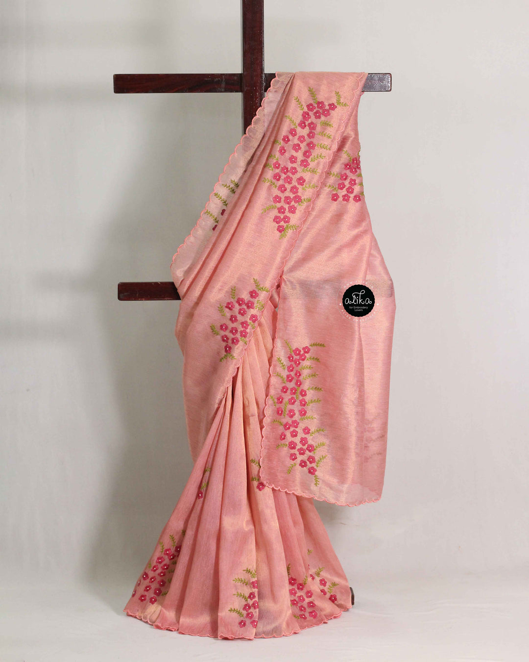 Peach Designer Silk Saree with Floral Hand Embroidery &amp; Bead Work