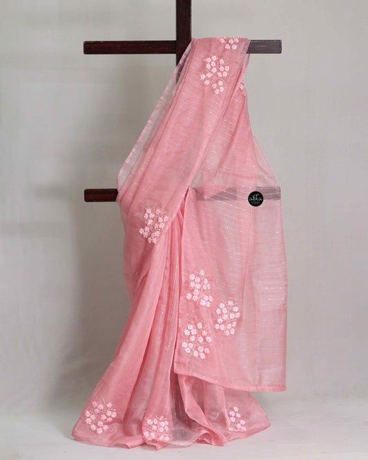 Blush Pink Sequinned Organza Saree with Floral Ribbon Work