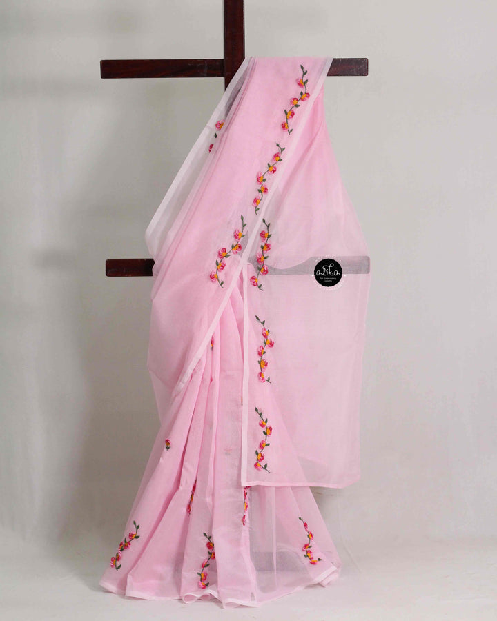 Light Pink Kota Saree with Floral Hand Embroidery