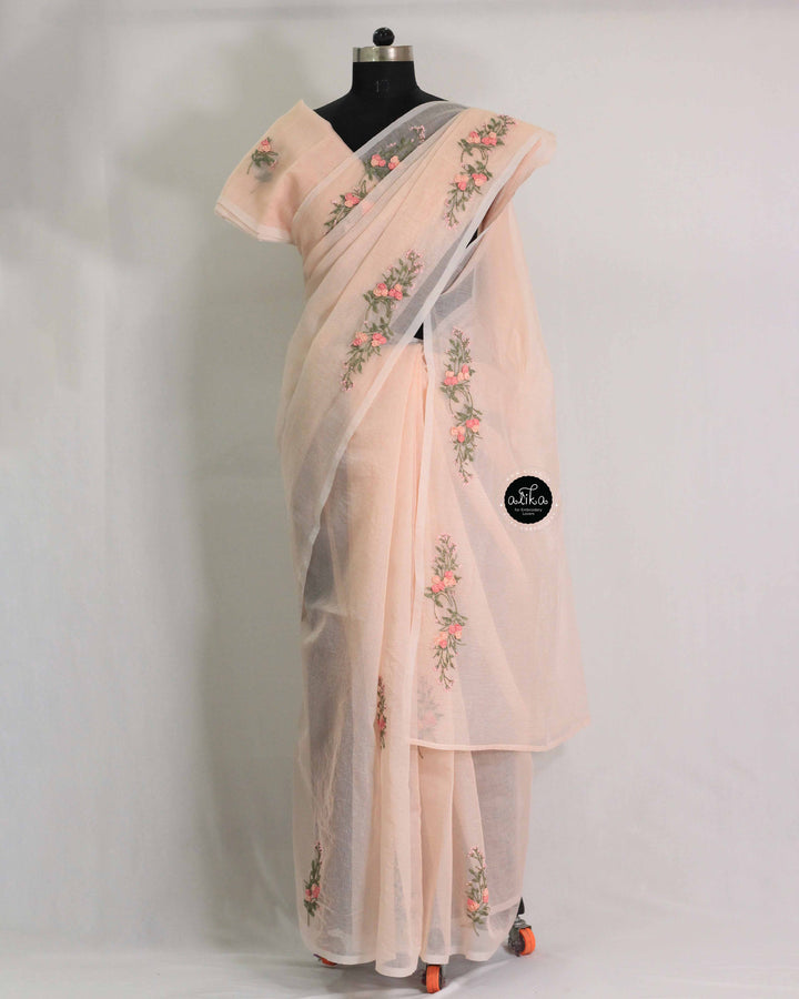 Light Peach Kota Saree with Floral Hand Embroidery